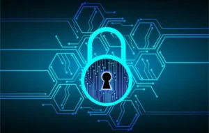 Candado digital iluminado sobre fondo tecnológico, simbolizando la Seguridad Digital impulsada por Inteligencia Artificial.