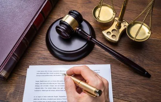 Mano firmando un documento legal con un mazo de juez y balanza de la justicia al fondo, representando Servicios Jurídicos Digitales impulsados por Inteligencia Artificial.