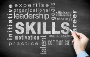 Pizarra con la palabra "SKILLS" destacada en el centro, rodeada de términos clave como liderazgo, motivación y comunicación, representando el concepto de altas habilidades.