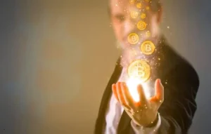 Hombre de negocios sosteniendo bitcoins brillantes que emergen de su mano, simbolizando el poder de la inteligencia artificial en el mundo financiero.