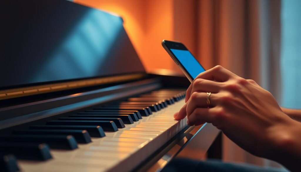 A serene and inviting scene of a person playing piano on a smartphone, set against a warm and softly lit background. The piano keys are prominently displayed, with the player's hands gently resting on them, creating a sense of focus and immersion. The smartphone is held at a slight angle, highlighting the ease and convenience of learning piano on the go. The overall atmosphere conveys a sense of relaxation and accessibility, emphasizing the idea that mastering the piano has never been more accessible, even from the comfort of a mobile device. A serene and inviting scene of a person playing piano on a smartphone, set against a warm and softly lit background. The piano keys are prominently displayed, with the player's hands gently resting on them, creating a sense of focus and immersion. The smartphone is held at a slight angle, highlighting the ease and convenience of learning piano on the go. The overall atmosphere conveys a sense of relaxation and accessibility, emphasizing the idea that mastering the piano has never been more accessible, even from the comfort of a mobile device.