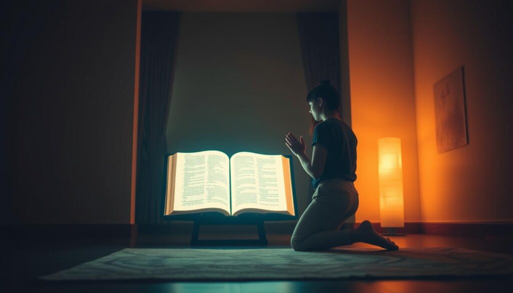A serene, warm-lit interior with a person kneeling in reverent prayer before a glowing digital display showcasing the pages of a holy scripture. The scene exudes a sense of digital spirituality, blending the modern technological realm with the timeless practice of connecting with the divine. Soft, ambient lighting casts a contemplative glow, while the figure's pose and expression convey a profound sense of sacred communion. The background is subtly blurred, focusing the viewer's attention on the interplay between the individual's devotion and the technology facilitating their spiritual journey. A serene, warm-lit interior with a person kneeling in reverent prayer before a glowing digital display showcasing the pages of a holy scripture. The scene exudes a sense of digital spirituality, blending the modern technological realm with the timeless practice of connecting with the divine. Soft, ambient lighting casts a contemplative glow, while the figure's pose and expression convey a profound sense of sacred communion. The background is subtly blurred, focusing the viewer's attention on the interplay between the individual's devotion and the technology facilitating their spiritual journey.