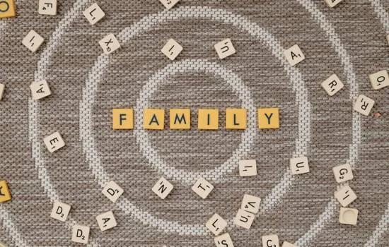 Piezas de juegos de palabras esparcidas sobre una alfombra con círculos concéntricos, destacando la palabra “FAMILY” en el centro.